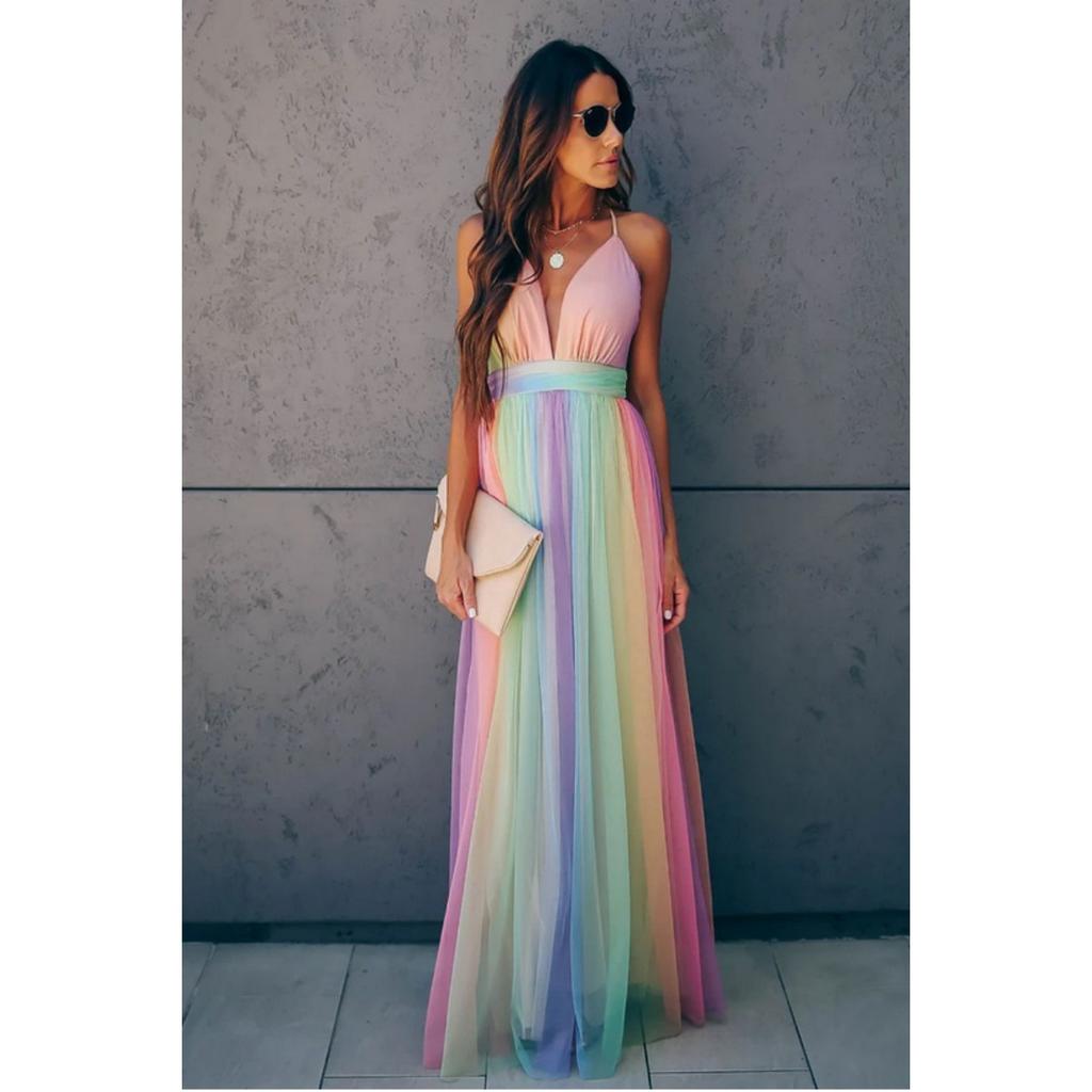Spring Summer Women's Sexy Deep V Rainbow Mesh Strap Mini Dress, European American Style Crossbody Casual Party Dress