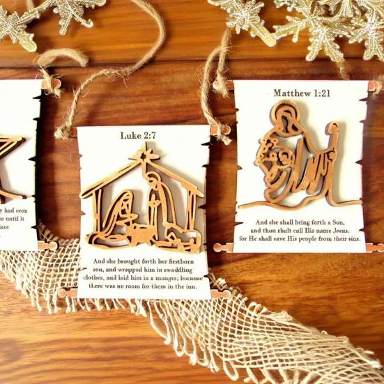 Nativity Advent Scroll Ornament Wooden Laser-Cut Hanging Decor with 24-Day Bible Verses Religious Christmas Countdown Calendar