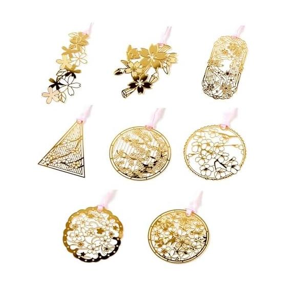 Felimoa Bookmark, Cherry Blossom Pattern, Japanese Style, Metal Bookmark, Brass Plated, Openwork, Set of 8