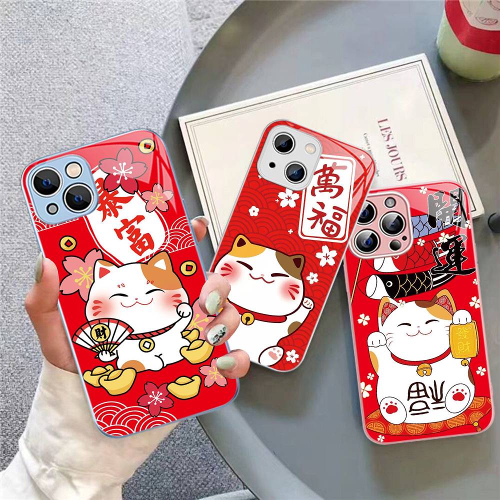 Maneki Neko Lucky Money Cat Tempered Glass For Iphone 14 13 12 11 Pro Mini XS MAX 14Plus X XS XR Cover