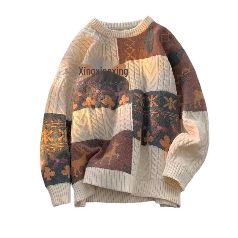 Pánský japonský retro zimní svetr - Trendy volný pulovr s kulatým výstřihem