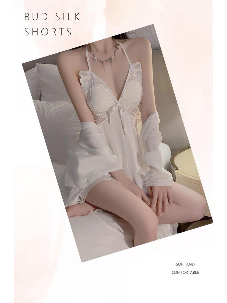 Butterfly Halterneck Ice Silk Lingerie Set with Sleeveless Nightgown and Sexy Back Detail.