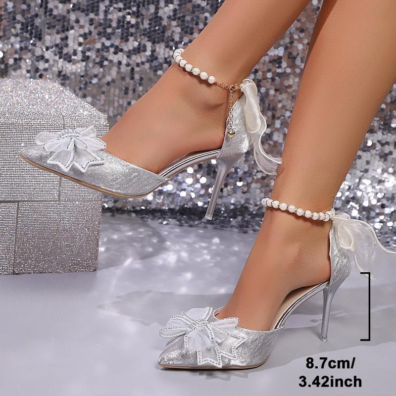 Fashion Silver Crystal Heels Women's Summer 2025 New Bow Sandals