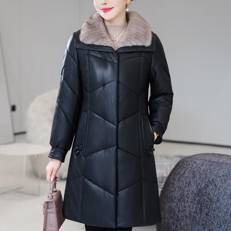 

Зимнее длинное пальто из искусственной овчины для женщины среднего возраста с меховым воротником, элегантная теплая зимняя парка, женская кожаная куртка XL чёрный
