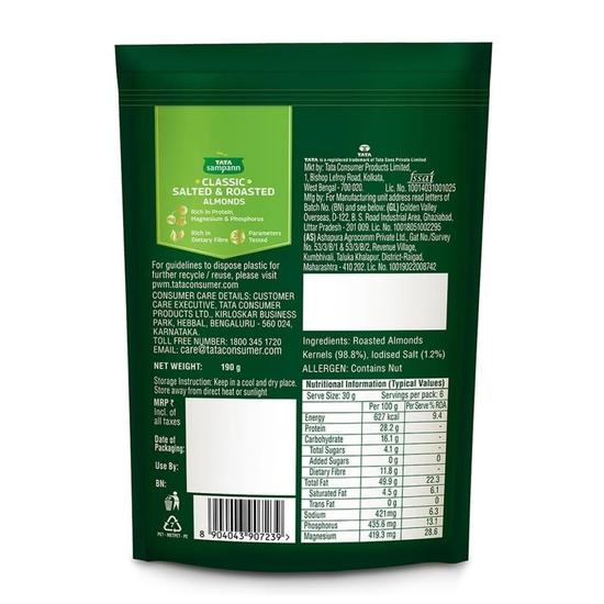 TATA Sampann Klassische gesalzene & geröstete Mandeln | Geschmackvoller & knuspriger Snack | Handverlesen, gesalzen | Reich an Protein, Magnesium | 190g