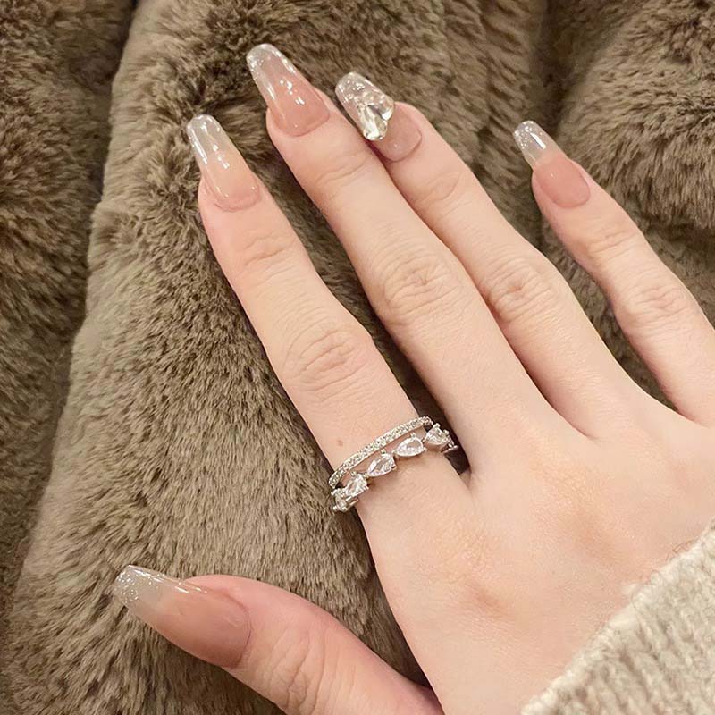 Luxury Zircon Water Drop Open Rings For Women Girl Exquisite Double-Layered Adjustable Finger Ring Wedding Jewelry Gift