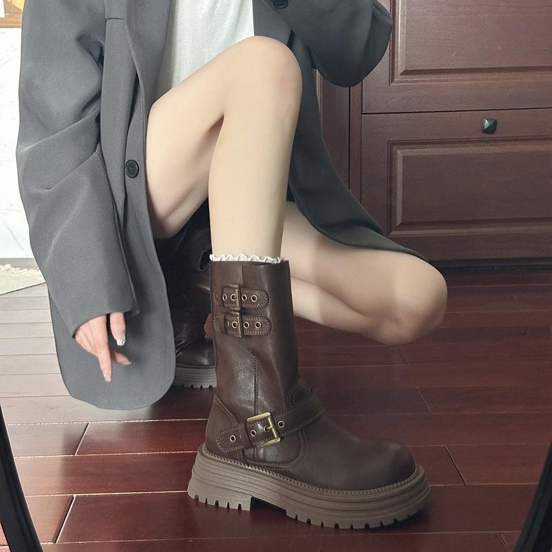 British Style Platform Belt Buckle Martin Boots Women's 2025 Autumn New Maillard Retro Versatile Heightening Locomotive Boots