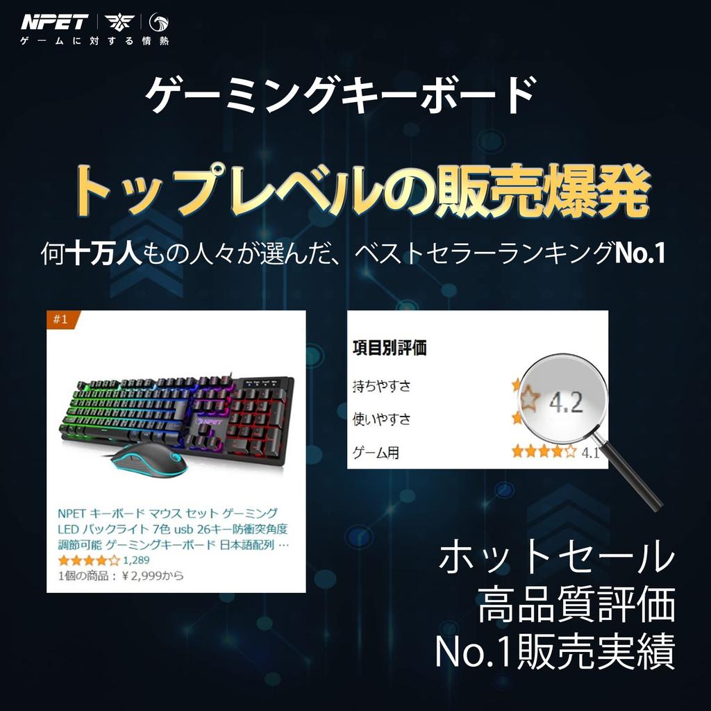 NPET S20 Gaming Keyboard and Mouse Set, LED Backlit, 7 Colors, USB, 26 Keys, Anti-Collision, Adjustable Angle, Japanese Layout, 4-Level DPI