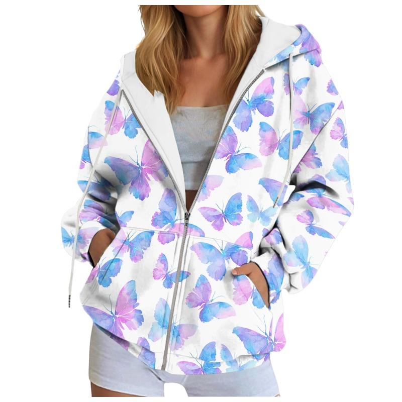 Graphic Stylish Print Women'S Hooded Sweatshirt Oversized Zipper Cardigan With Pocket Trendy Long-Sleeve Casual Hoodie Jacket