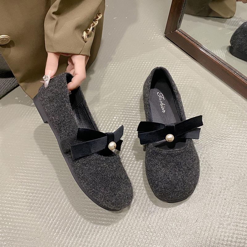 

Winter gentle Mary Jane shoes summer bow retro fluffy shoes women s pearl single shoes inner height increase small 35