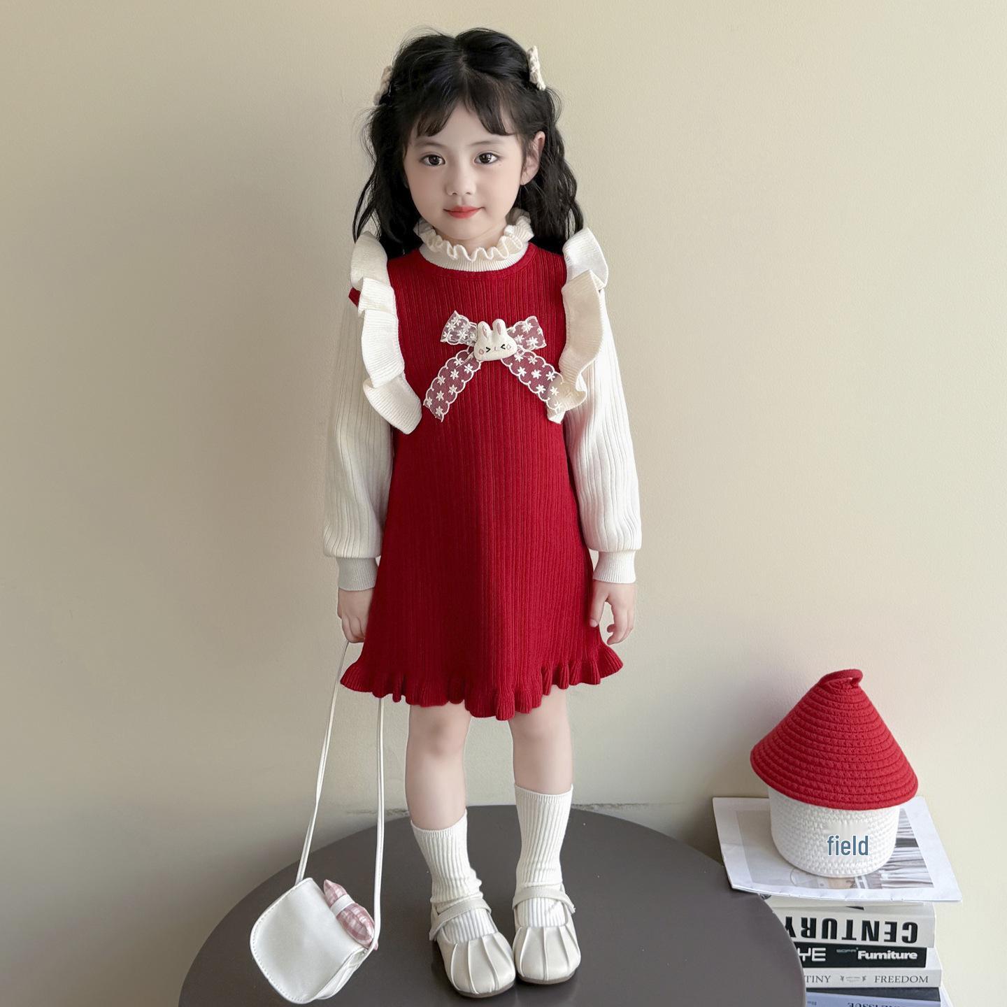 

2025 Trendy Knitted Sweater Dress for Little Girls: Spring & Autumn Princess Outfit 140 cm червоний