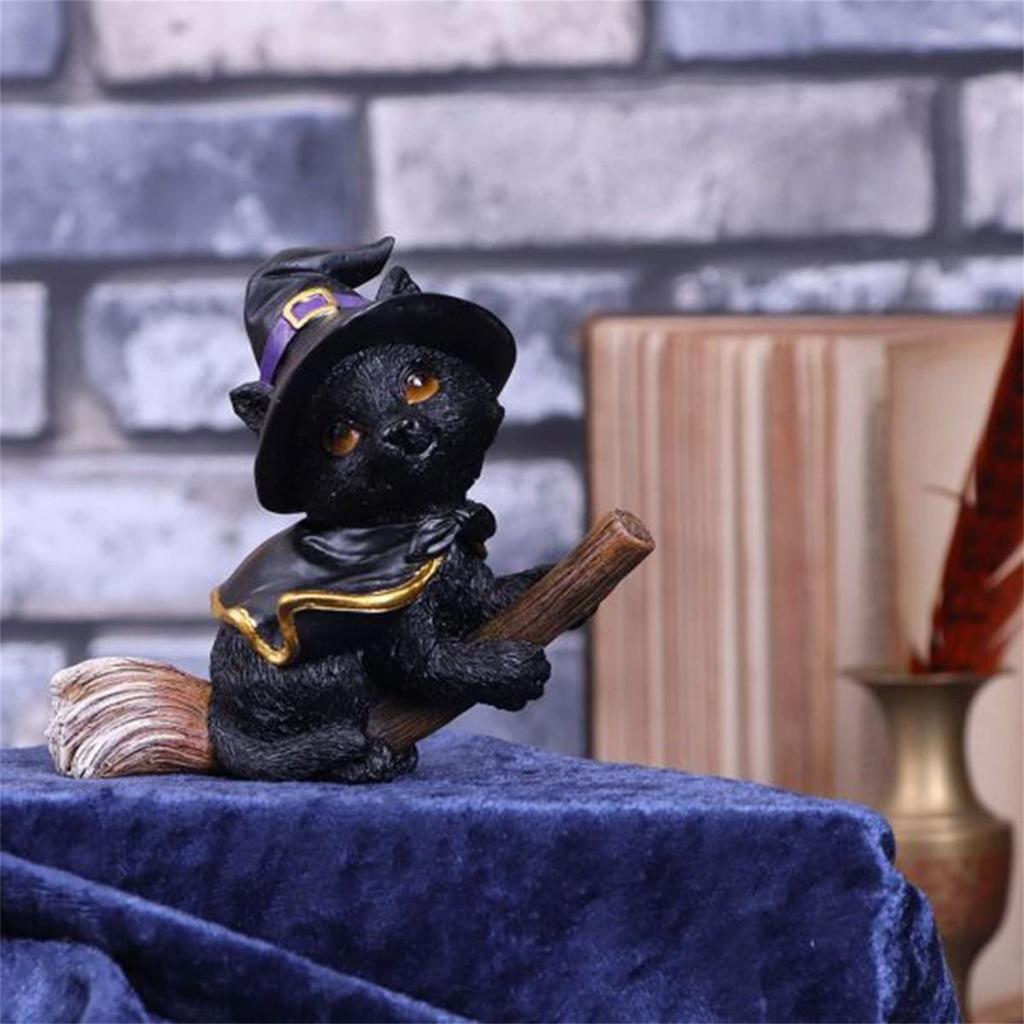 Creative Resin Sculpture Flying Broom Cat Small Cute Black Cat Statue Halloween Accessories Ornaments Party Decor