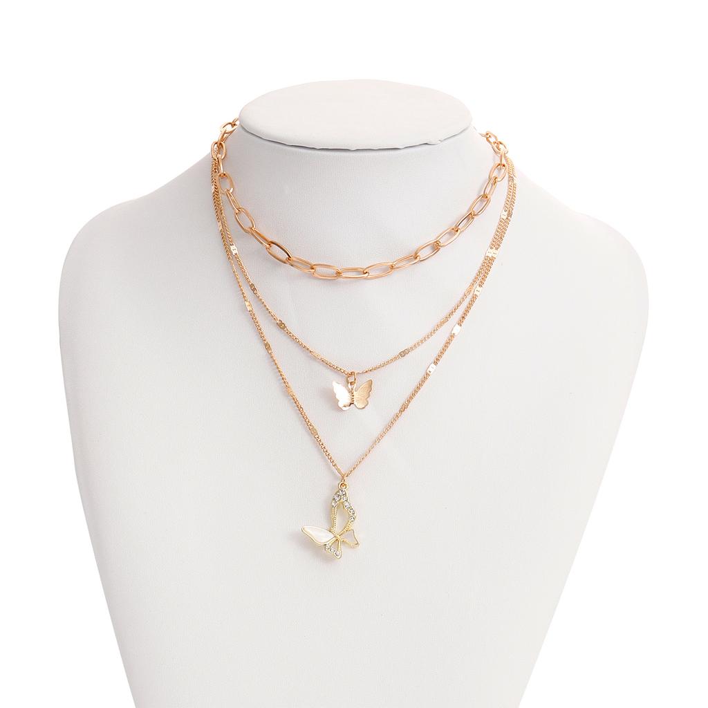 Fantastic light luxury trend multi-layer back chain micro-diamond fritillary butterfly pendant necklace