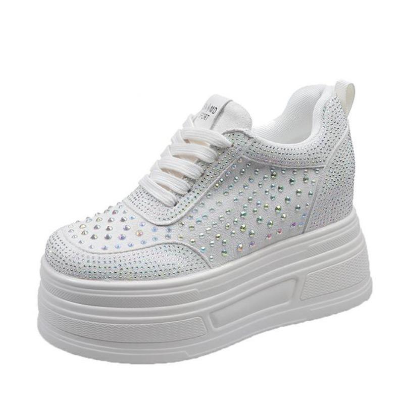 Fashion 10CM Wedge Heels Sneakers New Autumn Women Bling Crystal Skateboard Shoes Breathable Leather High Platform Vulcanize White Shoes