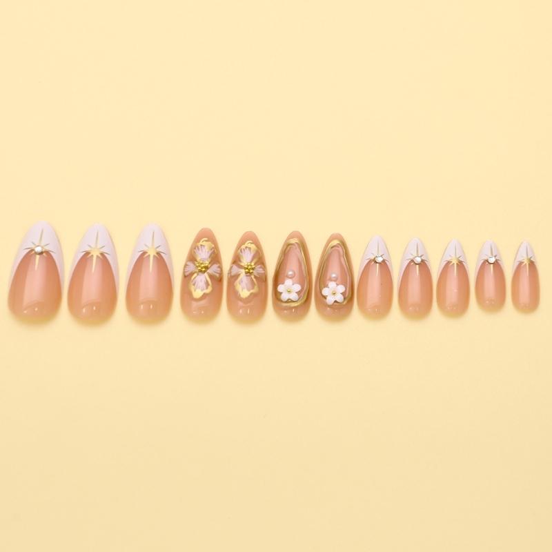 Elegant Acrylic False Nail Almond Shape with Floral Pattern and Gold Detail Stick On Nail for Manicure 24 Pieces