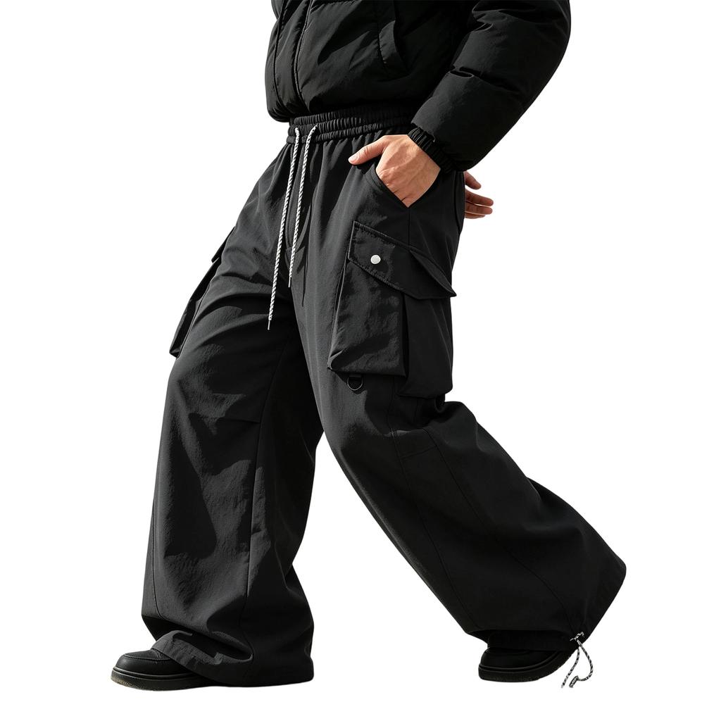 Men's Wide Leg Cargo Pants Casual Loose Fit Retro Multi-Pocket Gray Work Pants for Spring and Fall