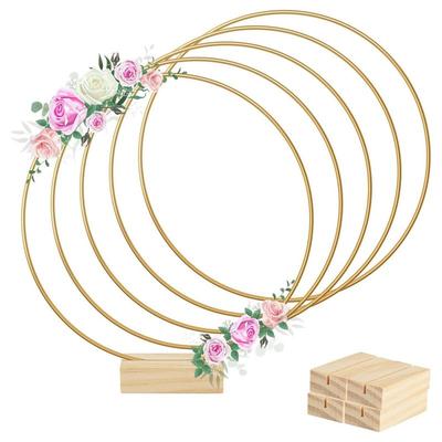 Fresh 12In Metal Floral Hoop Centerpiece Ribbon Wood Stands Fit For Table Decoration Metal+Wood Wall Hanging 5PCS