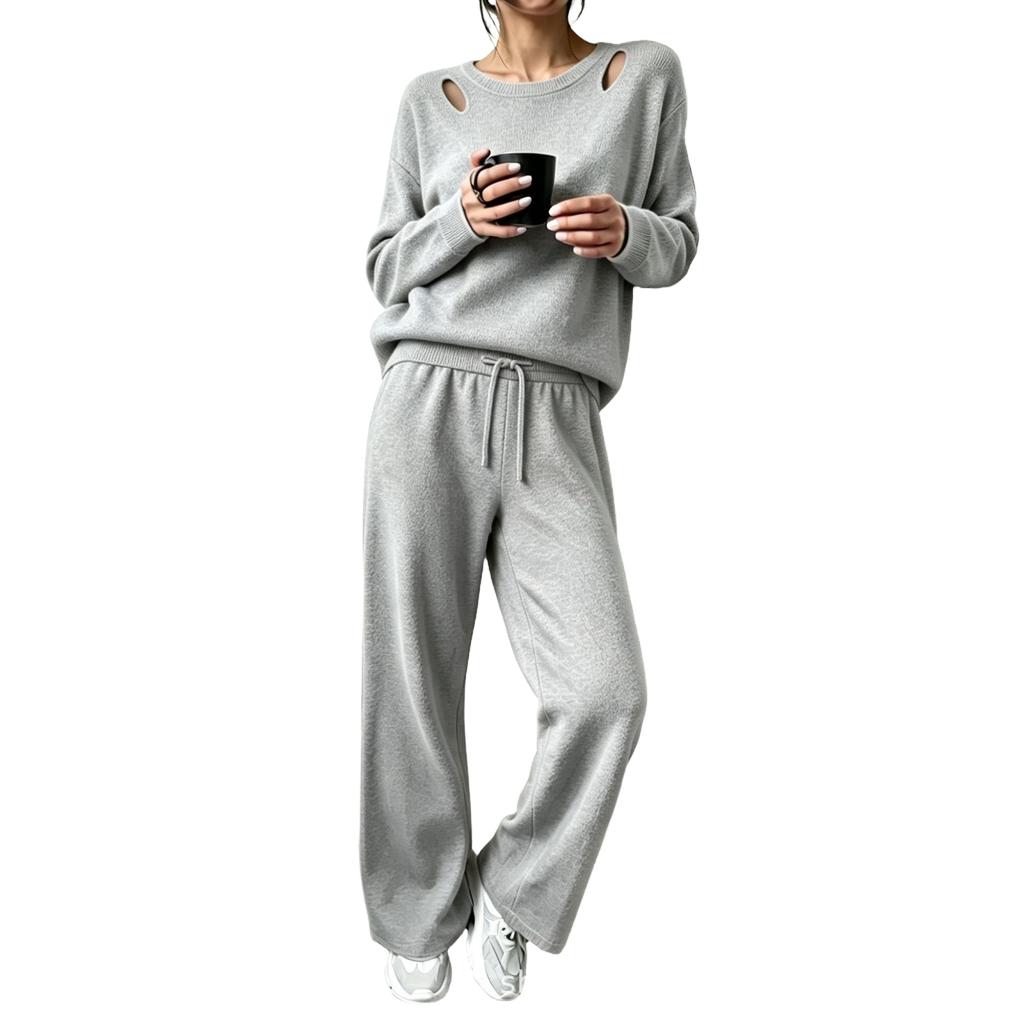 Women's Cutout Off-the-Shoulder Long Sleeve Knit Two-Piece Set for Casual Wear