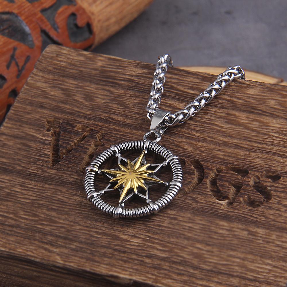 Retro Silber Hexagramm Anhänger für Männer und Frauen, Zwölfzackiger Stern, Marinekompass, Runde Marke, Feiner Schmuck, Mode