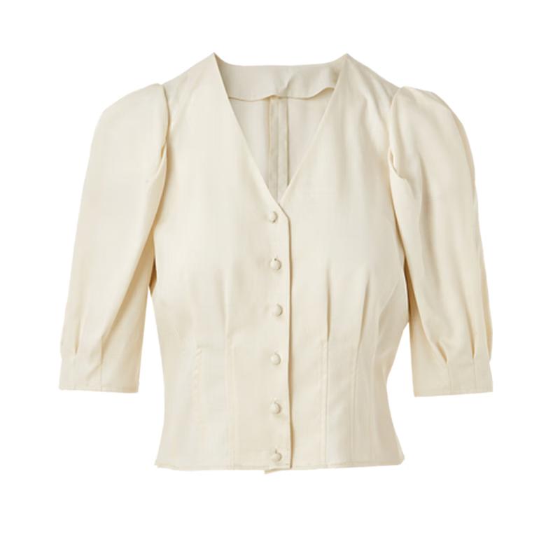 Tencel Linen Blend Puff Sleeve V-Neck Blouse S