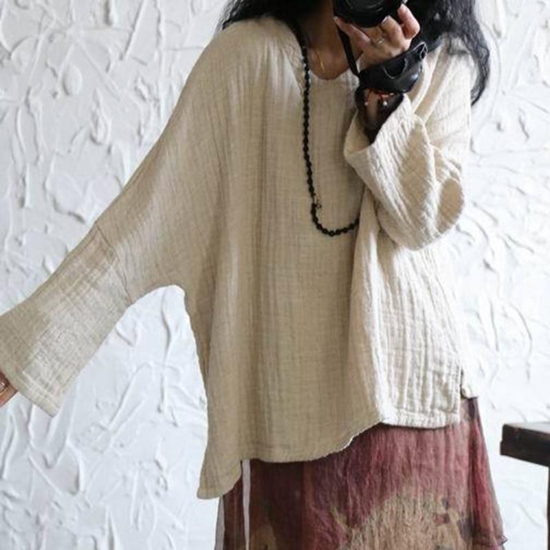 Johnature Women Linen T-Shirts V-Neck Long Sleeve Simple Solid Color Loose Tees Spring Comfortable Soft Vintage T-Shirt