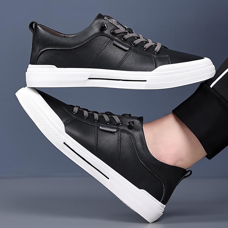 Casual Leather Shoes Men's Spring and Autumn Cowhide Youth Board Shoes Elastic Lace-up Sports Casual Shoes Men's Trendy Shoes
