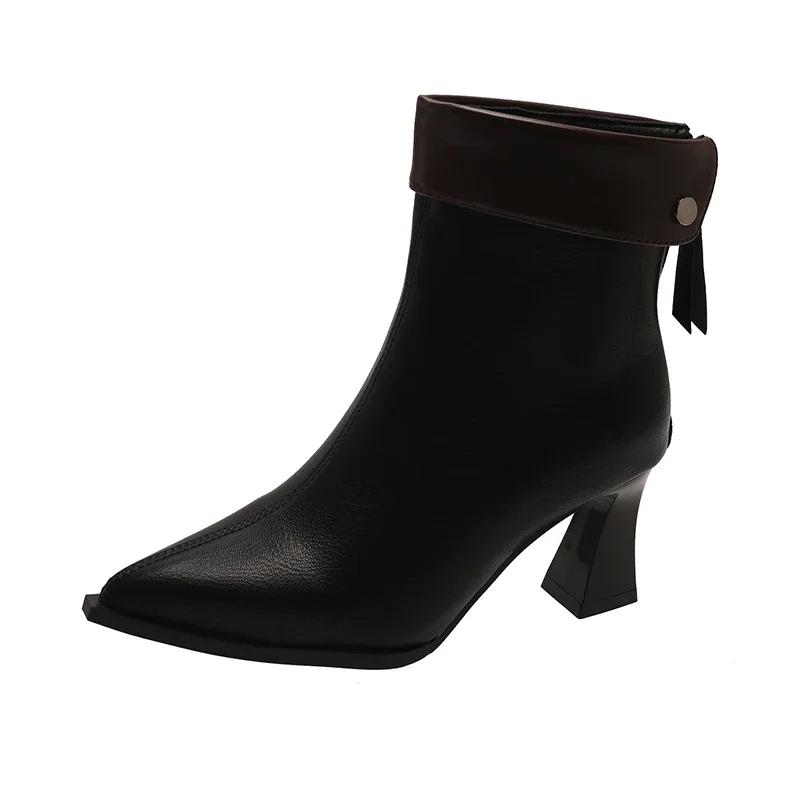 Корейские сапоги женские на высоком каблуке 2025 зима новая замшевая универсальная модель с острым носком и блочным каблуком ботильоны с леопардовым принтом 35 3990₽