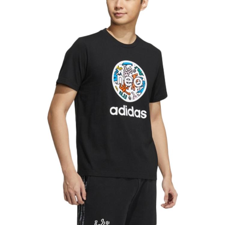 adidas Neo X Keith Haring Maglietta Sportiva a Maniche Corte con Stampa Logo Cartone Animato Unisex Top Nera HD7271