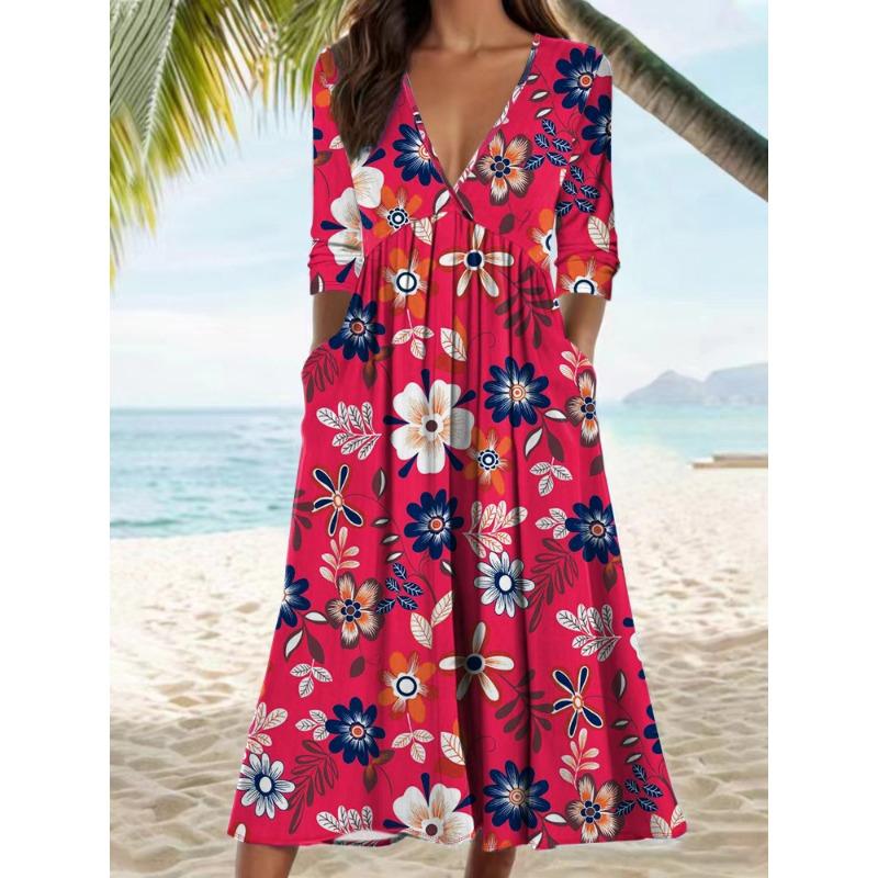 

YYFS Женская мода Лето Весна Цветочный узор Принт Рукава 1/2 V-образный вырез Свободная талия Повседневные платья XXL красный