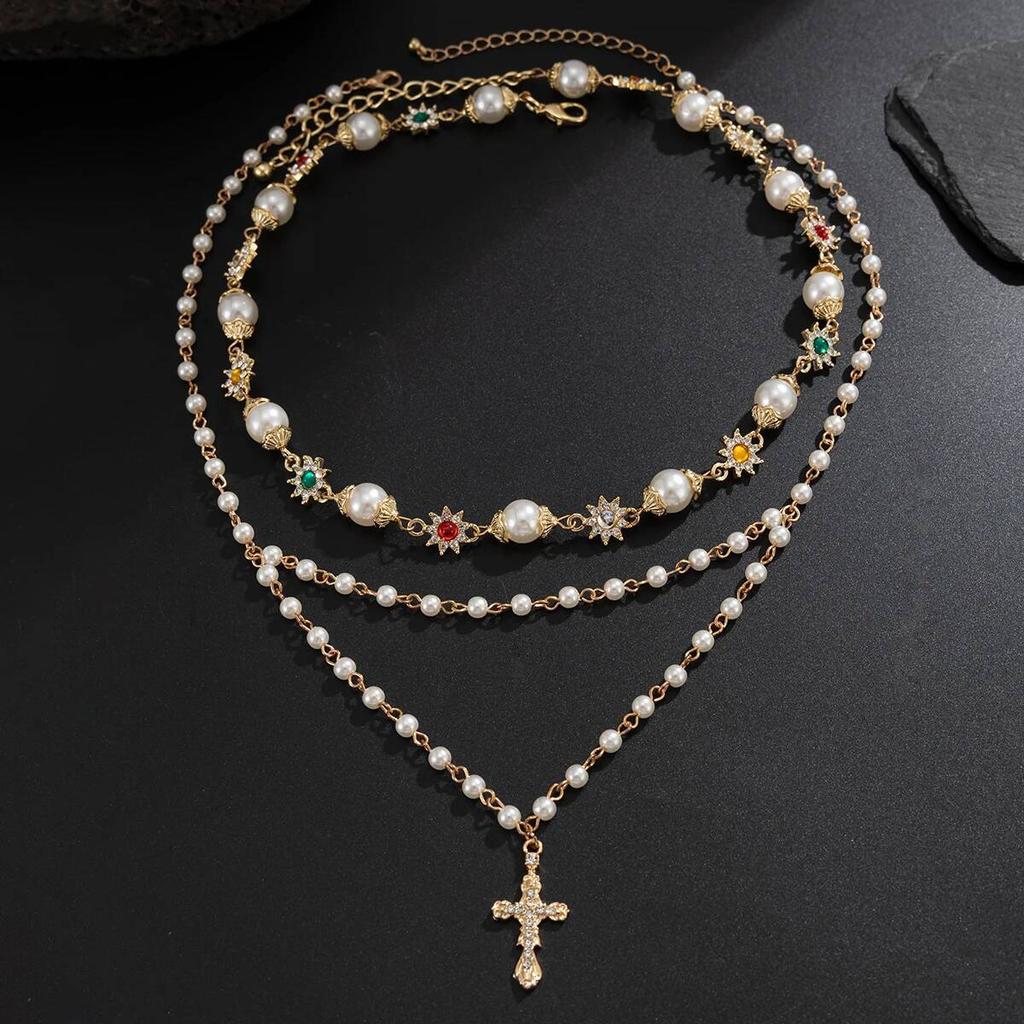 Ingemark 2Pcs/Set Boho Exquisite Imitation Pearl Rhinestone Choker Necklace Trend Gold Color Cross Pendant Necklace Jewelry
