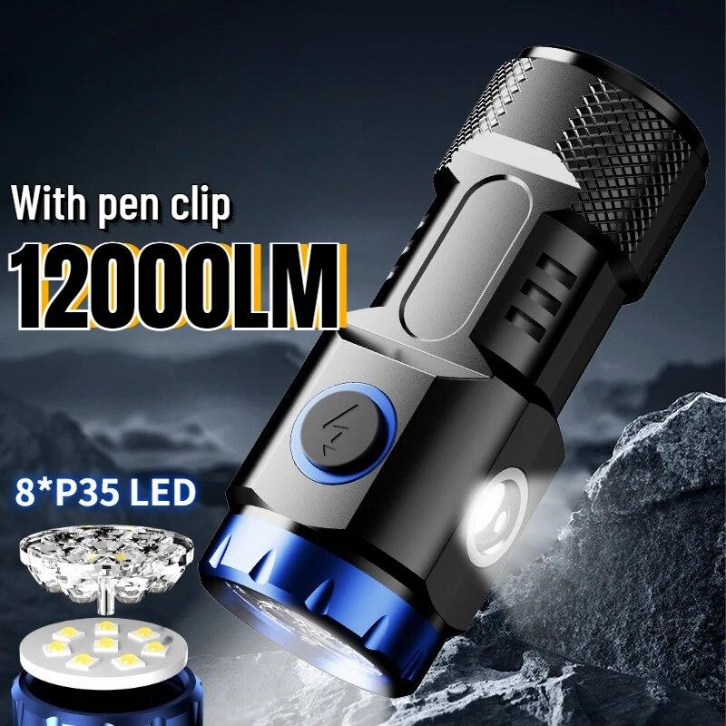 High Quality 4/6/8*P35 LED Flashlight ABS Super Bright Torch Rechargeable USB Light Waterproof with CAP CLIP for Hiking Camping