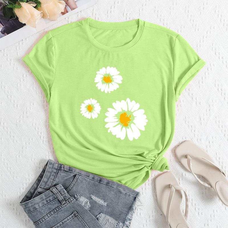 Sommer Damen T-Shirts mit Drei-Gänseblümchen-Print, locker, Rundhalsausschnitt, lässig, reine Baumwolle, kurzärmelig, Damen