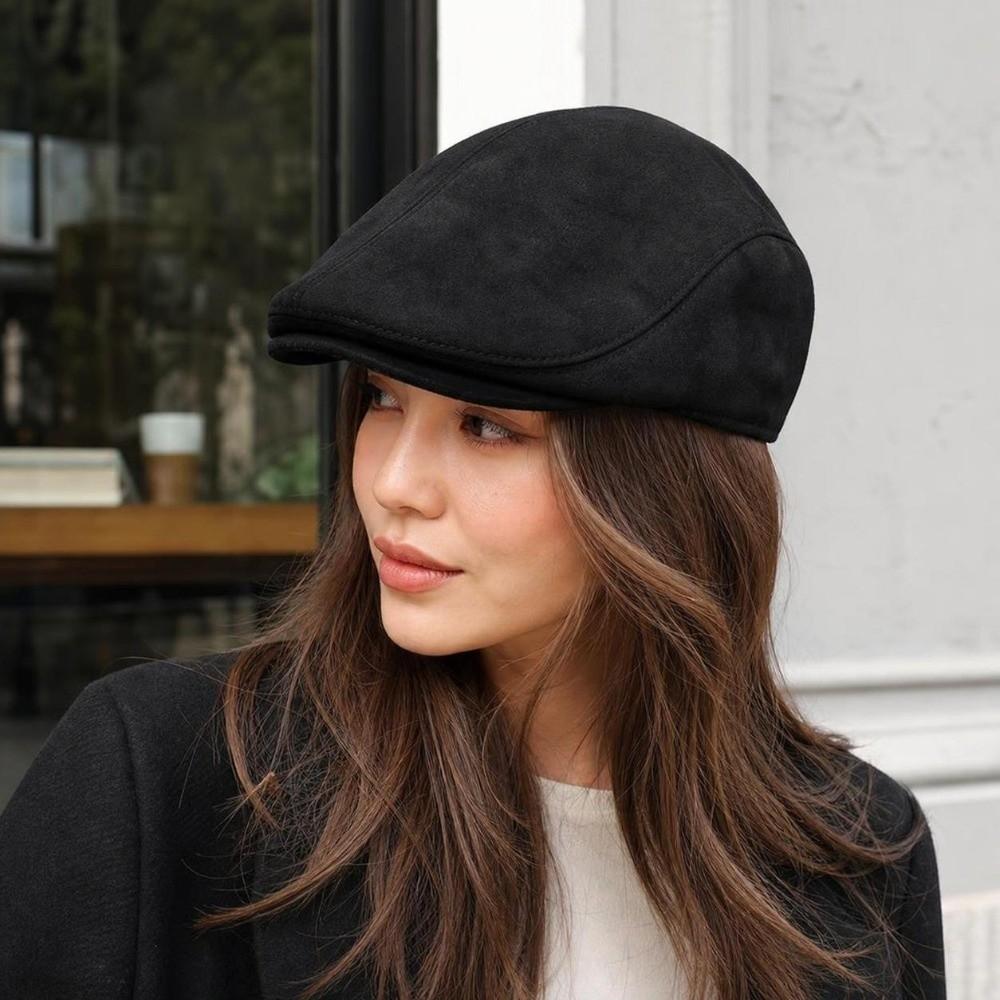 Warm Suede Newsboy Cap Solid Color Retro Flat Cap Unisex Winter Forward Hat Outdoor