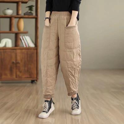 Weiße Entendaunen-Freizeithose für neun Minuten, dicke, winddichte Haremshose, hohe Taille, kalte, warme Daunenhose mit elastischem Bund