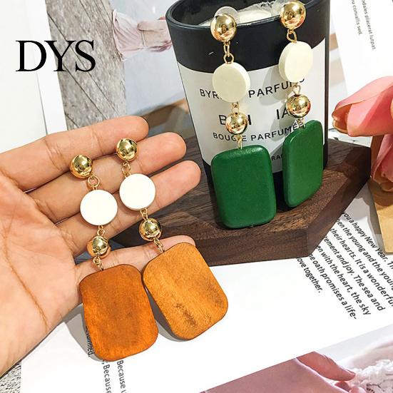 Statement DIY Wooden Geometric Square Round Dangle Jewelry Women Retro Earrings