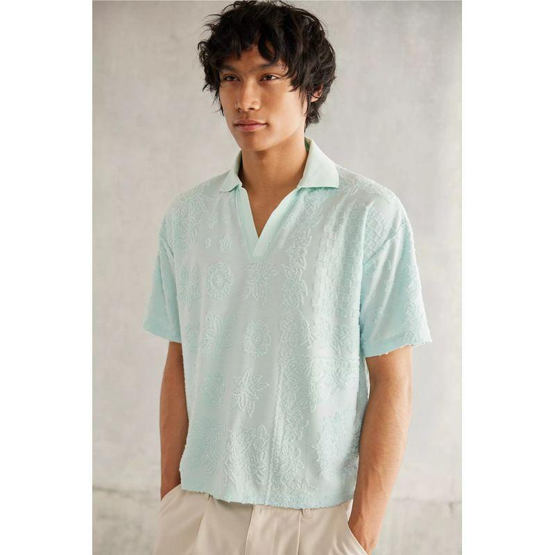 

UO SC Американский Ретро Мужской и Женский Пояс Свободный Короткий Профиль Пляжный Флокированный Трехмерный Принт Поло с Коротким Рукавом Mint Blue 2XL(Waist-length short/non-refundable)