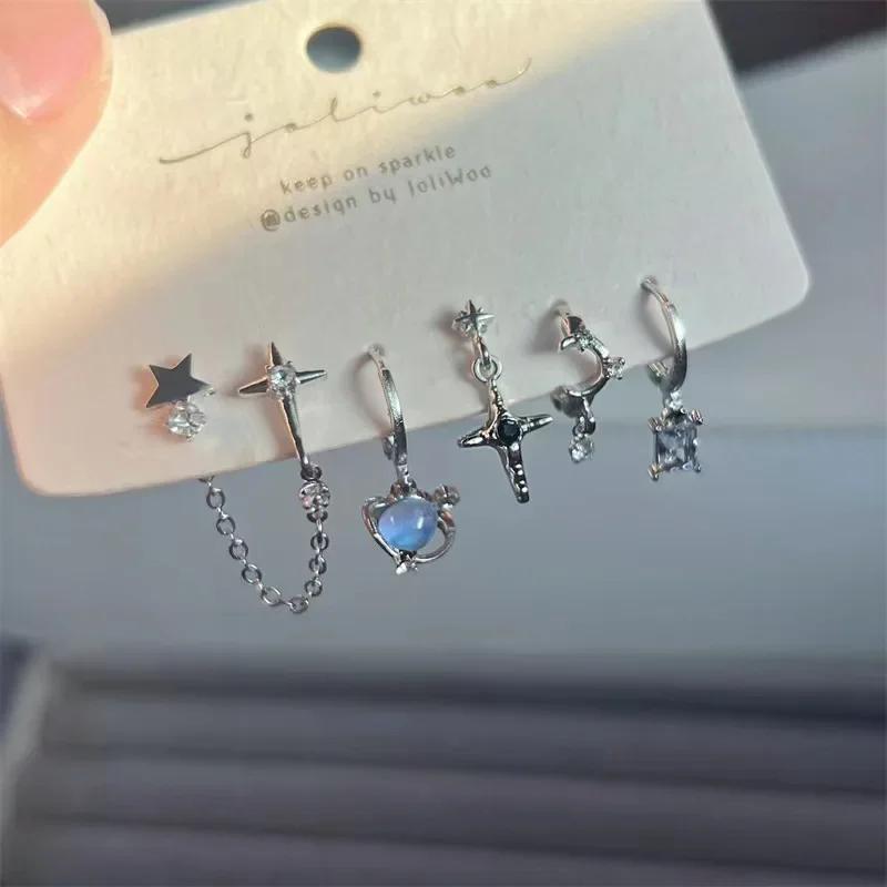 6PCS Y2K Punk Crystal Star Moon Pendant Earring Set For Women Girl Men Gothic Vintage Aesthetic Grunge Jewelry Ear Accessories