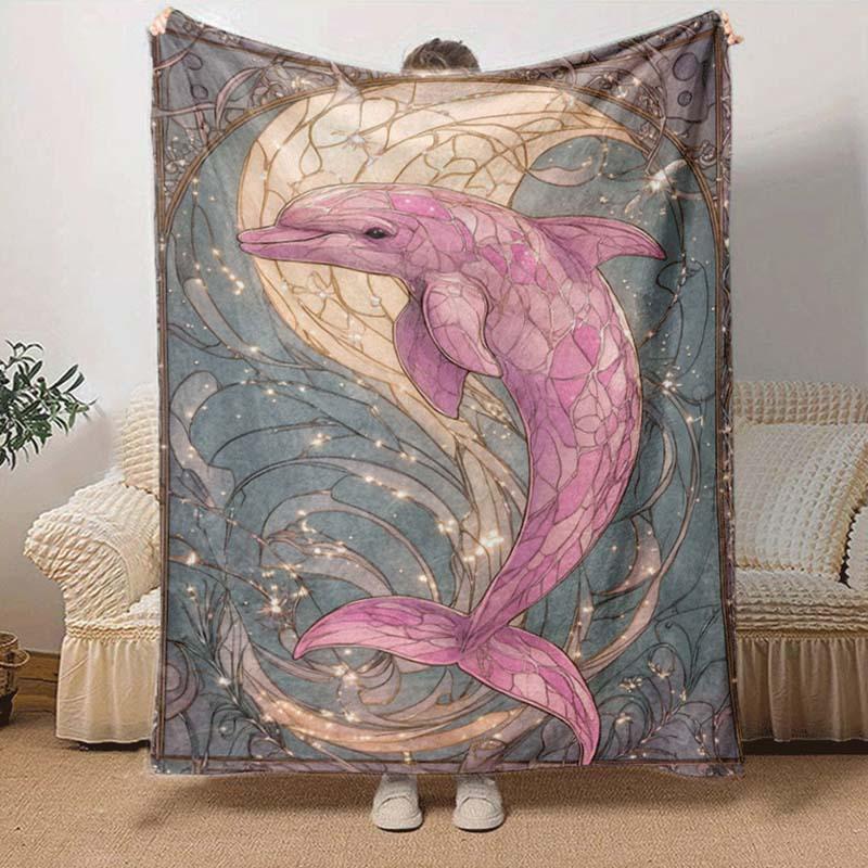 1pc Pink Dolphin Printing Lightweight Flannel Blanket, Comfortable and Warm Blanket, for Camping Sofa Bed and Couch Office, in All Seasons