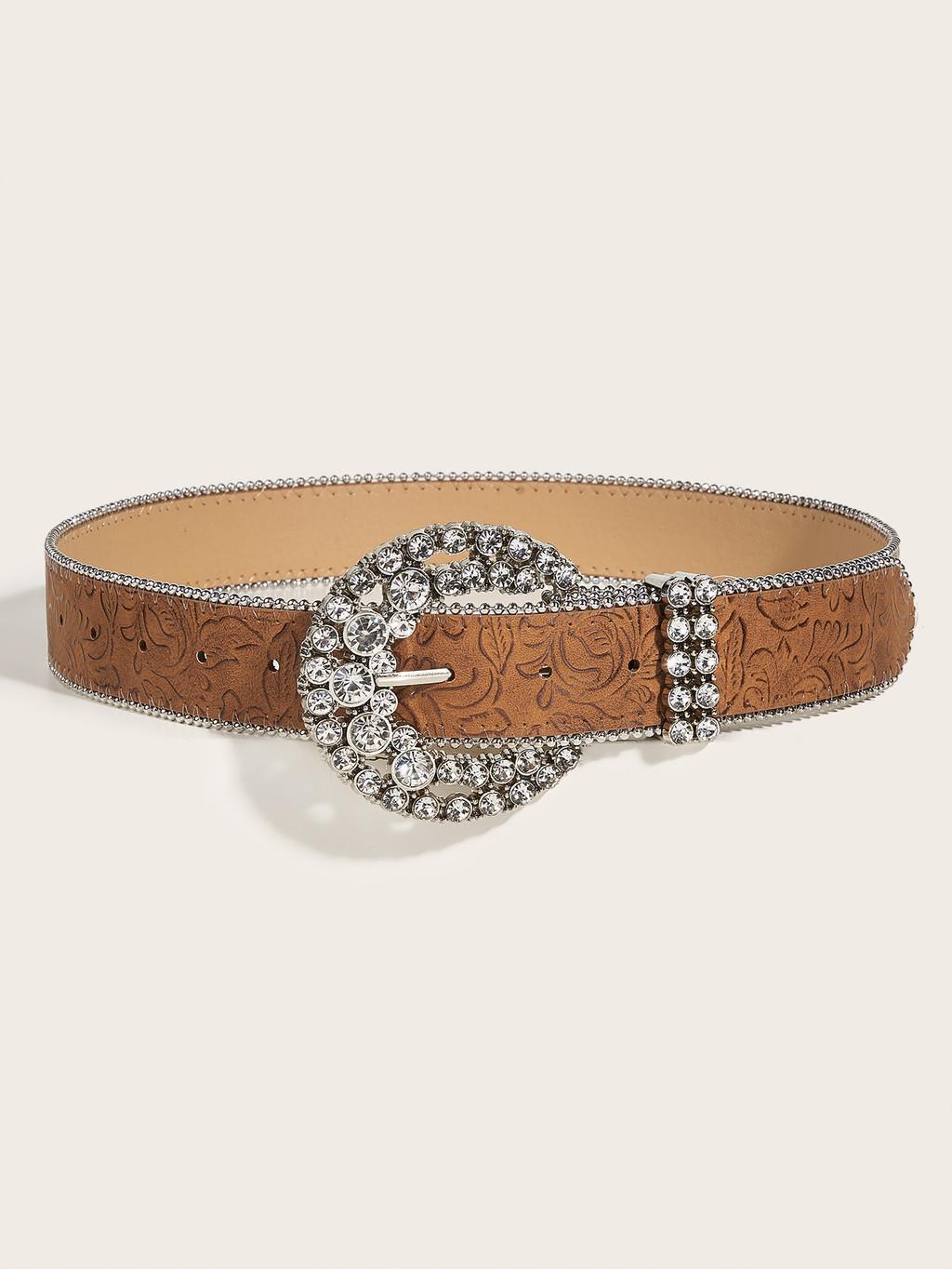 

Fashionable Brown Texture Belt With Floral Print And Rhinestone Buckle