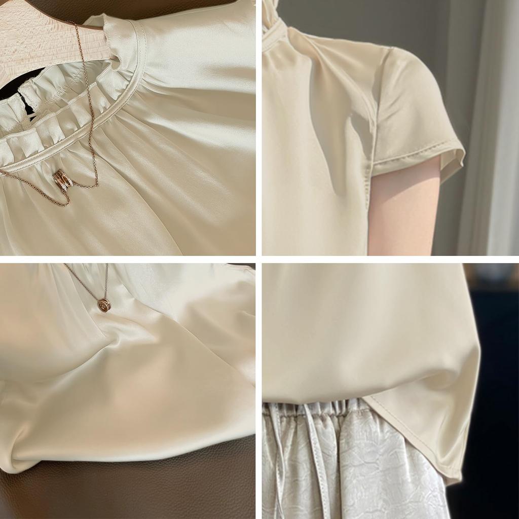 Blusen für Schlicht Kurz Steh Rüschen Groß Büro Schnitt und Rund Pendeln [Augseed] Damen, T-Shirts, Sommer, Ärmel, Kragen, Oberteile, Stilvoll, Hals,