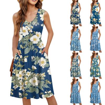 Women's Casual Fashion Sexy V-neck Button Decoration Sleeveless Beach Printed Boutonniere Dress