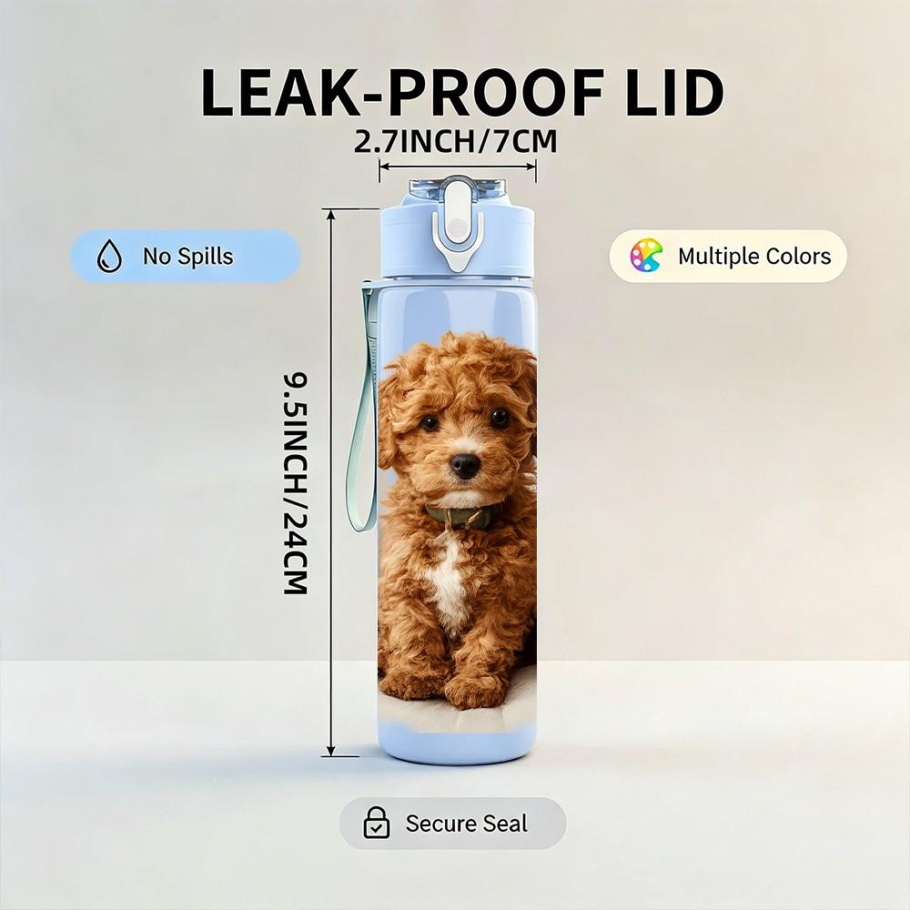 1PC Cute Puppy On Pillow Print 750ml Color Plastic Sports Water Bottle Leakproof Flip Straw Lid Suitable for Sports Office Home Use