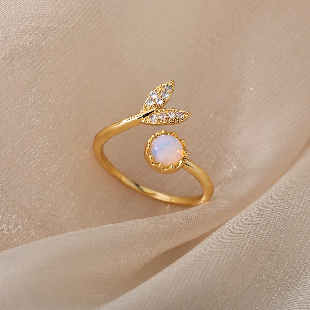 Fashion Leaves Opal Rings For Women Stainless Steel Opal Crystal Stone Leaves Finger Ring Engagement Bohemian Jewelry Gift