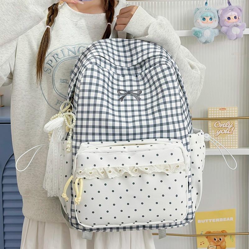 Schoolbag New Korean Fresh Plaid Corrugated Backpack Girl Heart Lace Small Schoolbag Junior High School Student Commuter Backpack