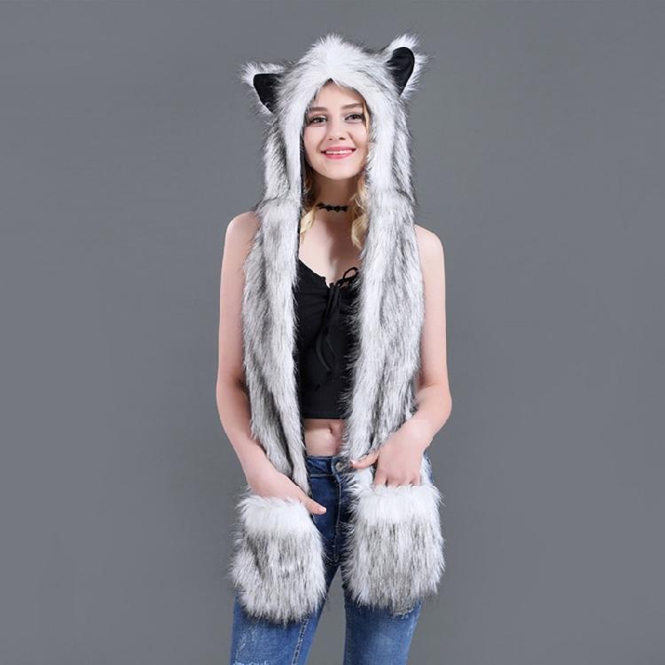 Plush Animal Ear Hat for Adult Unisex Earflap Gloves Scarf All In One Warm Trapper Hat Outdoor Activity Cold Weather Hat