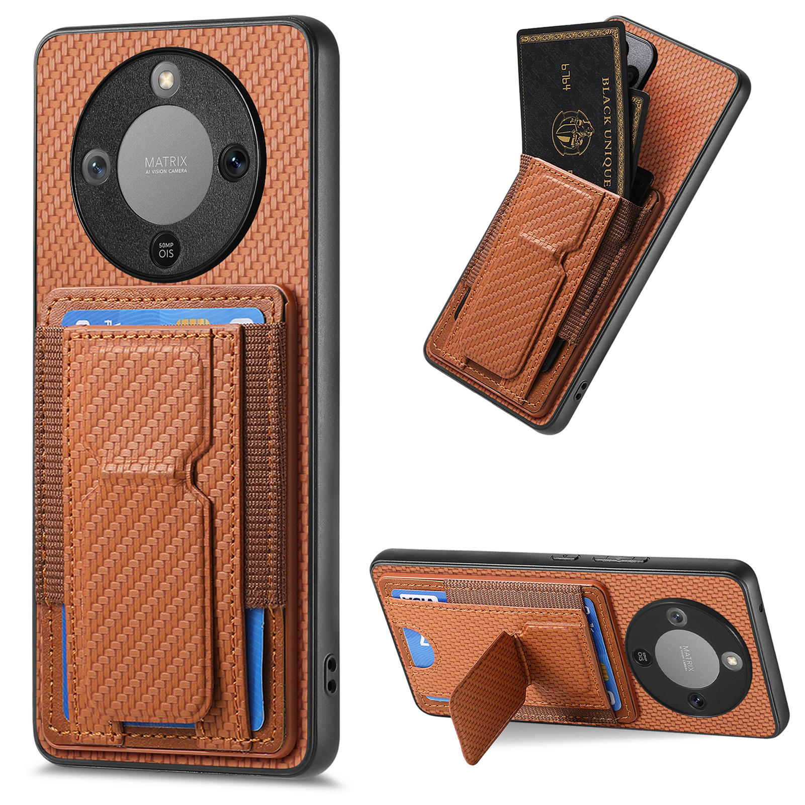 Phone Case For Honor Magic8 Lite 5G / X9d 5G / X70 5G Fiber Pattern Leather Back Cover with Card Holder Kickstand