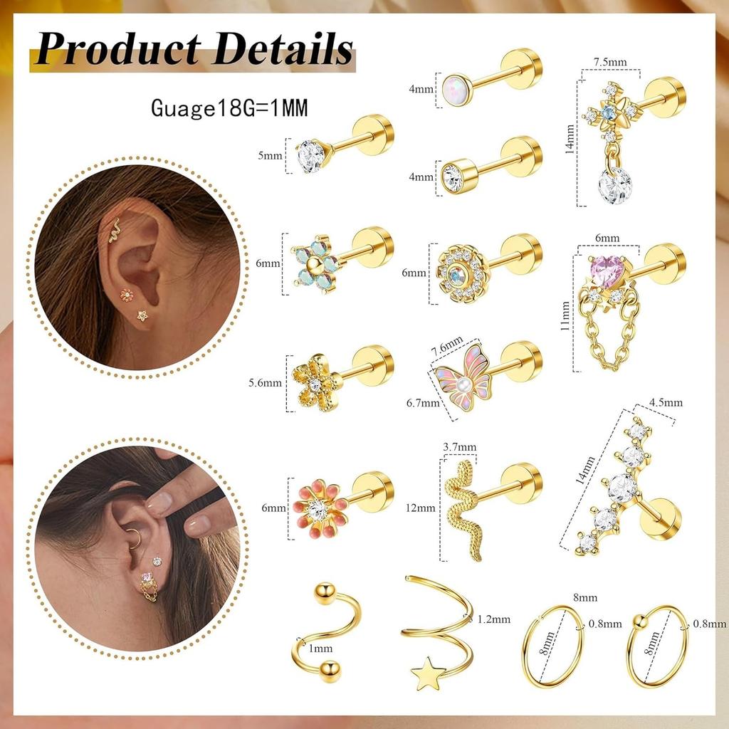Bobisty 1PC Cartilage Earring Stud for Women Surgical Steel Flat Back Earrings Hoop Flower Snake Shape Helix Piercing Jewelry