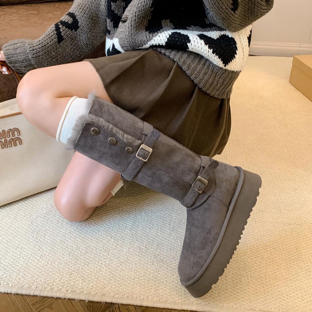 The Same Buckle Belt Thick-soled Plush Flanged Warm Cotton Shoes 2025 New Medium and Long Snow Boots Women's Winter Models