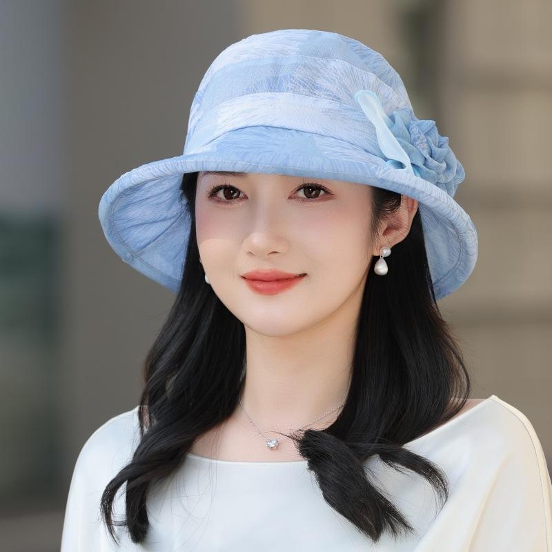 WTEMPO Women's Elegant Organza Flower Sun Hat Lightweight Mesh Bucket Hat with Floral Detail Breathable Casual Cap for Mature Ladies Spring Summer