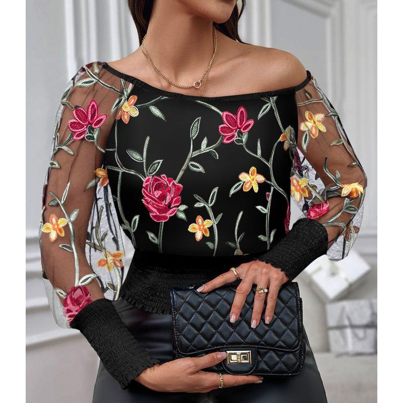 

One-Shoulder Bubble Sleeve Top Black Mesh Three-Dimensional Flower off-Shoulder Puff Sleeve Top Flower color XL